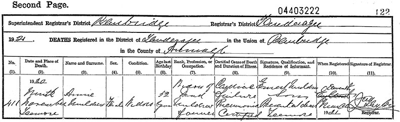 Death Certificate of Anne Muldrew (n&eacute;e Sinton) - 9 November 1920