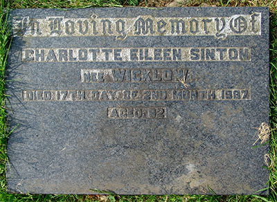 Headstone of Charlotte Eileen Sinton (n&eacute;e Wicklow) 1906 - 1987