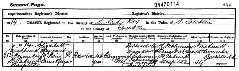 Death Certificate of Elizabeth Margaret MacNeice (n&eacute;e Clisham) - 18 December 1914
