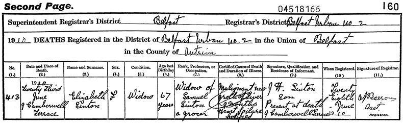 Death Certificate of Elizabeth Sinton (n&eacute;e Wright) - 23 June 1910