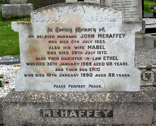 Headstone of Mabel Mehaffey (n&eacute;e Sinton) 1886 - 1970