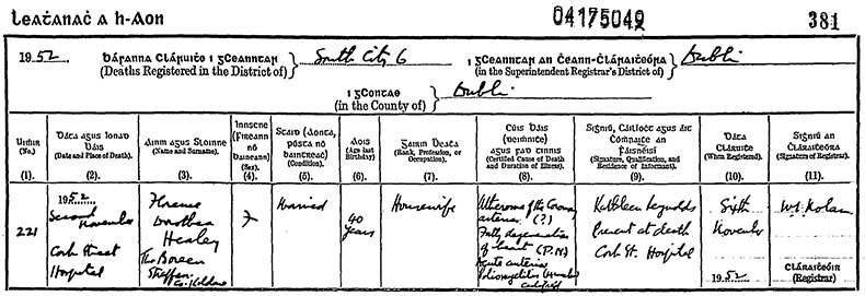 Death Certificate of Florence Dorothea Healy (n&eacute;e Stewart) - 2 November 1952