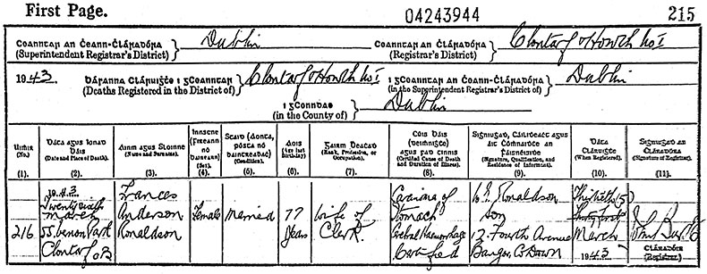 Death Certificate of Frances Anderson Ronaldson (n&eacute;e Hunt) - 26 March 1943