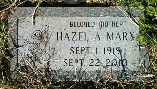 Headstone of Hazel A. Marx (n&eacute;e Harris) 1919-2010