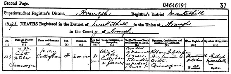 Death Certificate of Mary Callaghan (n&eacute;e Jackson) - 6 October 1898