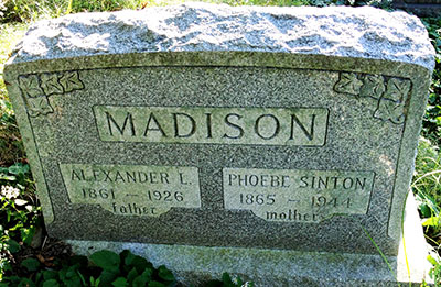 Headstone of Phoebe Madison (n&eacute;e Sinton) 1865 - 1944