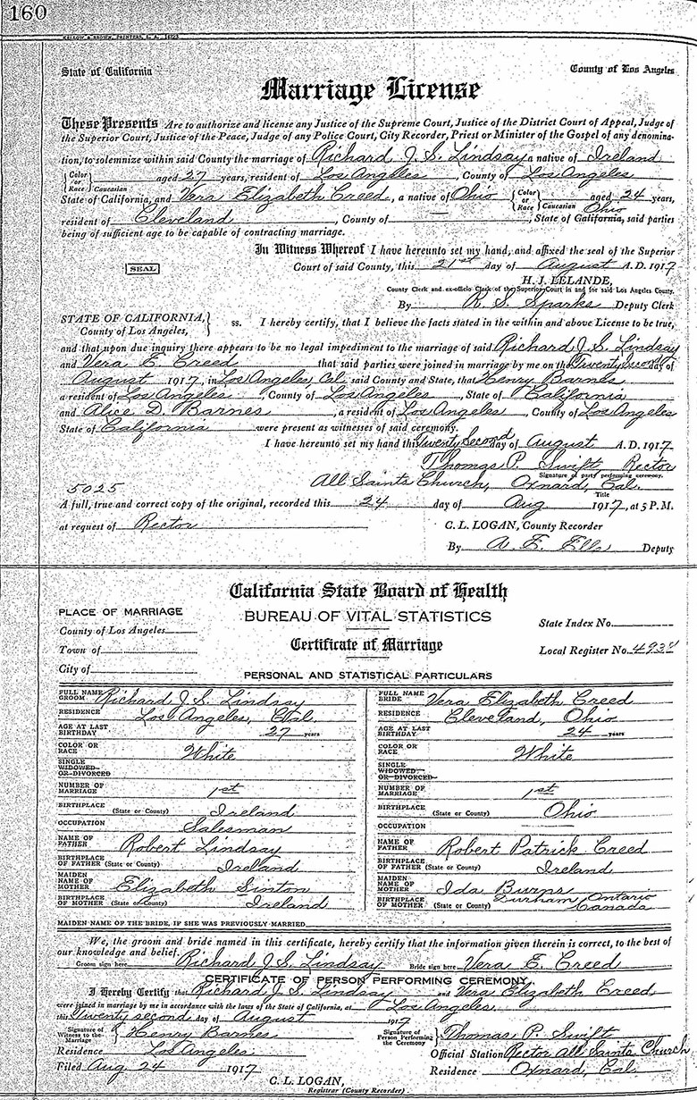 Marriage of Richard John Sinton Lindsay and Vera Elizabeth Creed - 22 August 1917