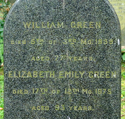 Headstone of Elizabeth Emily Green<br />(n&eacute;e Swain) 1882 - 1975